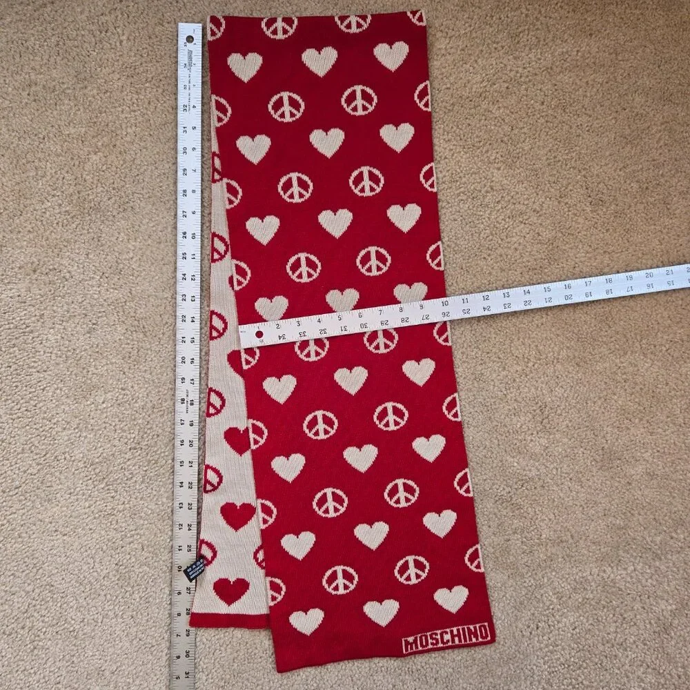 Moschino Peace & Love Hearts Scarf Merino Wool Blend Red White
